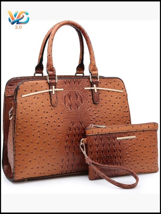 Handbags - Vegan Leather Satchel and Clutch Set - 2 Piece with Shoulder Strap